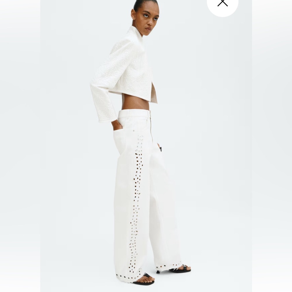 White High-Rise Wide-Leg Jeans with Eyelet Details